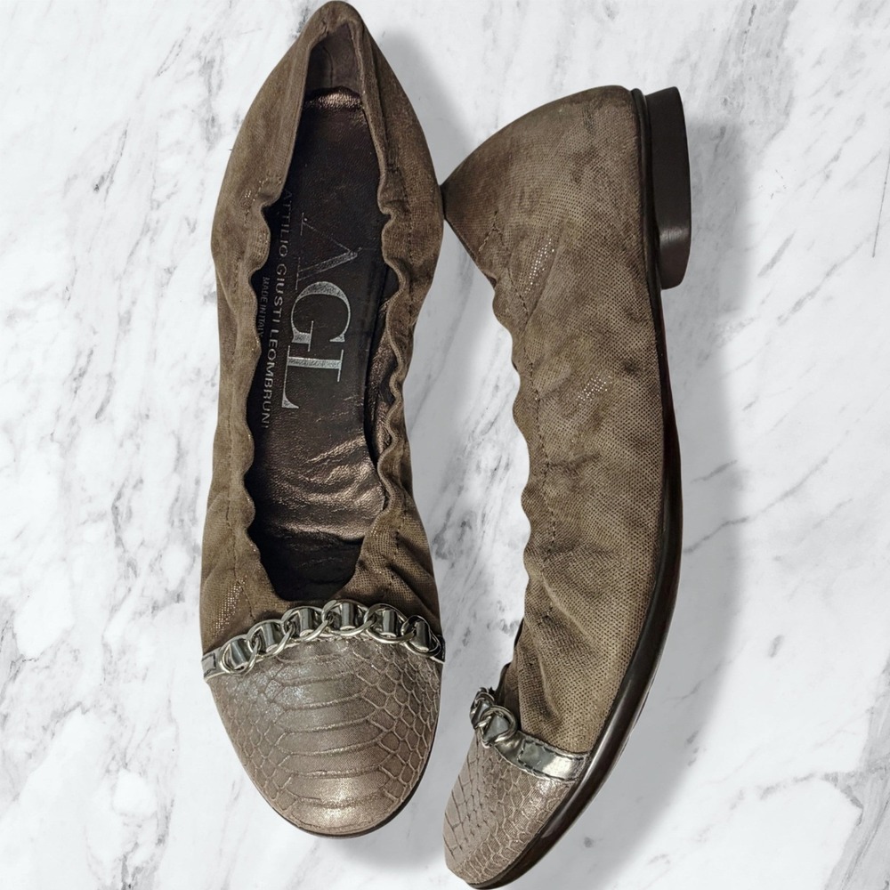 AGL Attilio Giusti Leombruni Cap Toe Chain Ballet Flats Brown Suede 37.5 - Picture 6 of 10